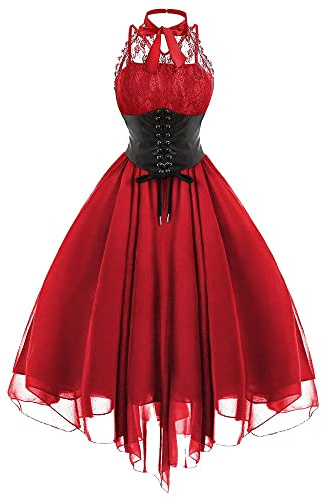 Gothden - Abito da donna senza maniche in pizzo gotico anni 80, per Carnevale, con corsetto, scollo a V, stile swing, da cocktail, Colore: rosso, XL