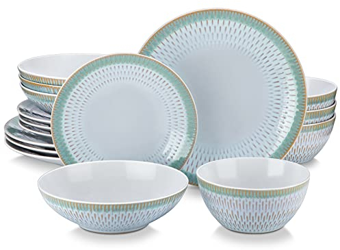 vancasso Pluvo Service de table combiné en grès 16 pièces avec 4 assiettes plates, 4 assiettes à gâteau, bols à pâtes et bols pour 4 à 12 personnes
