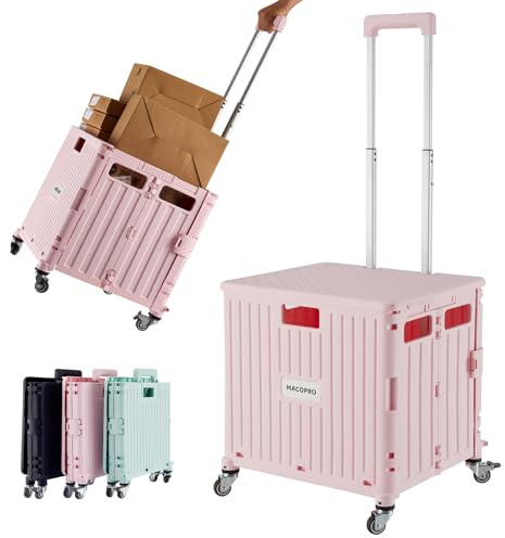 MACOPRO Chariot utilitaire pliable portable à roulettes avec couvercle, panier sur 4 roues rotatives, pour courses, bureau, enseignant (rose)