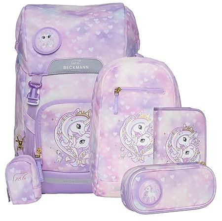 Beckmann, Schulrucksack-Set Classic Maxi Unicorn Princess Purple, 6-teilig, Grundschule, inkl. Regenüberzug, 28L, Purple