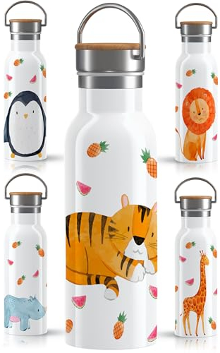 OWLBOOK® Edelstahl Trinkflasche Kinder | Wasserflasche Flasche BPA-frei | 600 ml | Auslaufsicher Spülmaschinenfest | Schule | Schulanfang Geschenke zur Einschulung Mädchen Jungen | Tiger