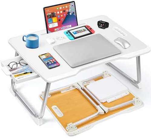 KKTECH Desk on Bed Folding Laptop Breakfast Bed Table with Drawer, Portable Laptop Table with Drawers, Foldable Legs, Tablet Holder, Cup holder, for Working on Bed/Sofa (White)