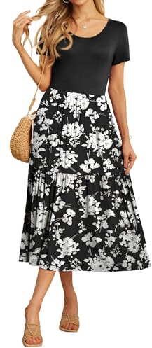 GRECERELLE Maxi Dresses for Women UK Summer Short Sleeve Crew Neck Swing Flowy Tiered Party Dress with Pockets for Weddings, Holidays (Black White Flower, S)