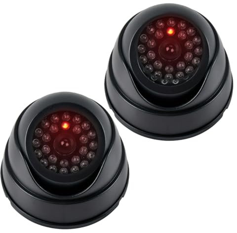 2pcs Caméras Factices de Surveillance CCTV, Fausse Caméra de Sécurité Factice avec Lumière Led Clignotante, Caméra Surveillance Factice Étanche pour Extérieur Intérieur avec 2 Panneaux de CCTV + Vis