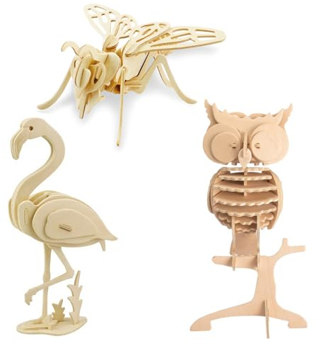 Georgie Porgy Kids Toys Construction Woodcraft Kits 3D Wooden Model Puzzle DIY Arts Crafts Kits Wooden Jigsaws (Bee Flamingo Owl)