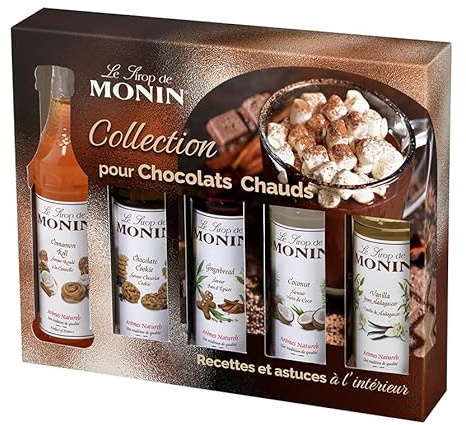 MONIN - Coffret Sirop MONIN - Saveurs Roulé à la Cannelle/Chocolat Cookie/Pain d'Epices/Vanille/Noix de Coco - Pour Café/Chocolat Chaud/Capuccino/Latte - Arômes Naturels - Bouteille en Verre - 5 x 5cl