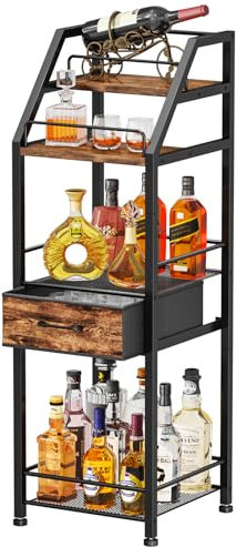 HapiRm Weinregal Freistehend Weinflaschenregal Flaschenregal - 4-stöckiger Stufenlikör Flaschenständer für Zuhause mit Stoffschublade, Wein & Glas Organizer für Bar, Wohnzimmer, Küche oder Esszimmer