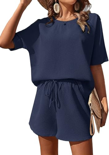 JFAN Completo Donna Estivo 2 Pezzi Maniche Corta con scollo rotondo e Pantaloncini Bermuda Vita Alta con Coulisse Elegante Tuta Casual Estiva Spiaggia,Blu navy,L