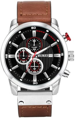 BUREI Reloj de Hombre cronógrafo Vintage marrón Correa de Cuero multidial Calendario Impermeable Reloj de Cuarzo simulado clásico Deportivo para Hombre Regalo, marrón, Retro (Marrón Negra)