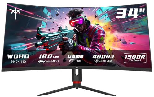 KTC Monitor Curvo 34 Pulgadas, UWQHD (3440 x 1440) 180Hz Monitor Gaming, Adaptive Sync, 21:9 VA Panel 1500R, 1ms MPRT, HDR10, Relación de Contraste 4000:1, 2 x DP (180Hz), 2 x HDMI (100Hz), H34S18S