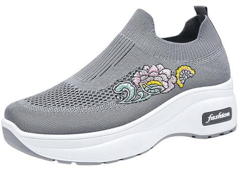 Calcetines de punto para mujer, zapatos de caña alta, ligeros, cómodos, para mujer, zapatos casuales de malla transpirable, zapatos para caminar, mocasines de punta redonda, gris, 39.5 EU