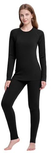 woolcano Women’s Lightweight Merino Thermal Set, 100% Wool Base Layers for Skiing and Outdoors Black S, 190g/m²