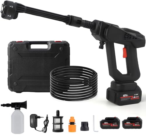 Akku Hochdruckreiniger,6L/Min,Mobiler Hochdruckreiniger mit 2 Wiederaufladbarem 7500 mAh Akkus,6-in-1-Düse und 5M Schlauch,Tragbar Druckreinigerpistole für Autos,Zäunen,Terrasse,Garten,Rasen