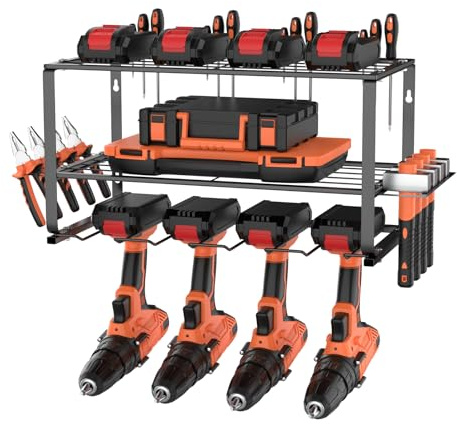 Bowose 3-Tier Power Tool Storage, Heavy Duty Metal Tools Shelf Organizer Rack for 4 Drill Tools, Toolbox, Screwdrivers, Pliers, Space Saving Drills Holder 150lbs Load, Black