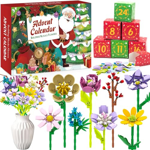 Calendrier de l'Avent 2025 avec Bouquet de Fleurs en Briques - 24 Fleurs Artificielles à Assembler pour Déco Maison | Cadeau Créatif pour Femmes, Hommes, Adultes & Enfants