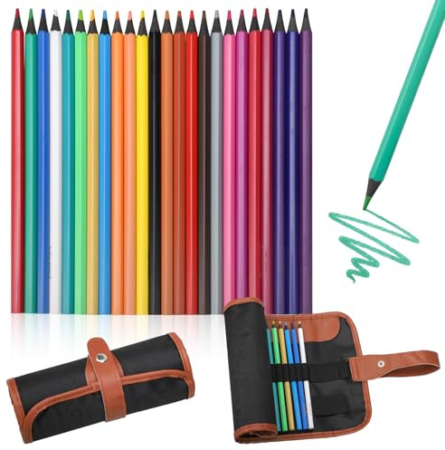 24 Pièces Crayons de Couleur et Sac à Crayon, Crayons de Couleur pour Adultes, Crayon de Couleurs et Trousse Enroulable pour Gribouiller, Dessiner, Ombrer, Esquisser et Colorier (24 Couleurs)