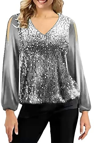Haut à Paillettes pour Femme Tee Shirt Disco Chemises à Paillettes Scintillantes Manches Longues