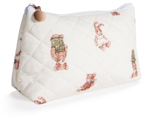 WHHJM Quilted Cotton Makeup Bag, Coquette Quilted Toiletry Bag for Women and Girls, Floral Coquette Pouch, Cute Kawaii Travel Cosmetic Bags (Bear and Rabbit)