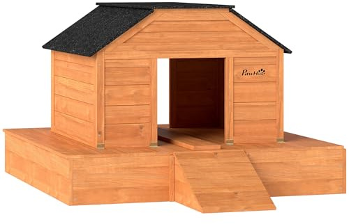 PawHut Floating Duck Coop, Wooden Duck House with Ramp and Waterproof Asphalt Roof, Small Animal House with Dual Openings for 1-2 Poultry, Small Geese, 66 x 43 x 28, Orange