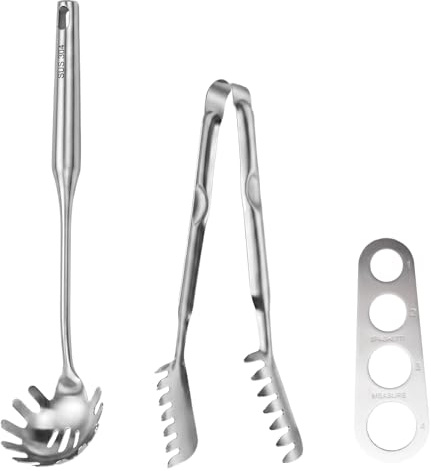 Juego de 3 Utensilios para Pasta de Acero Inoxidable 304 - Incluye Cuchara para Espaguetis, Pinzas de Cocina Dentadas y Medidor de Raciones, Set de Servidor de Pasta