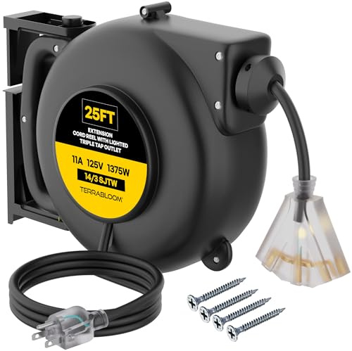 TerraBloom Retractable Extension Cord Reel with Light Indicator - 14/3 Cord Reel 45 ft - Triple Outlet Electric Cord Reel - Wall Mounted Retractable Power Cord Reel - UL Listed 11 Amp 125V 1750W