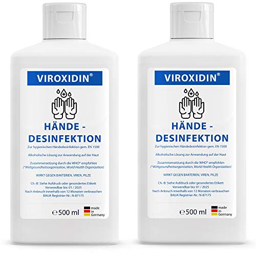 Viroxidin Desinfektionsmittel Hände Viruzid - 83% Alkohol (Ethanol) - Hygienische Handdesinfektion gegen Bakterien, Viren & Pilze zum Einreiben - Hände Desinfektionsmittel 2x 500ml(430g) - (1000ml)