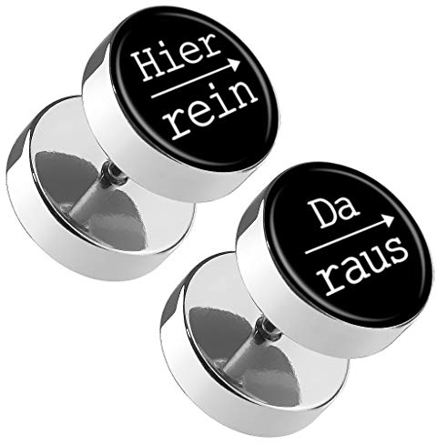 Piercingfaktor Runde Ohrringe Ohrstecker Fake Piercing Ohr Plug Flesh Tunnel Edelstahl Platte Stecker Spruch Hier rein, Da raus 10mm Schwarz