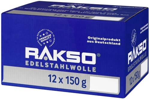 RAKSO Edelstahlwolle extra - fein - 1,8 kg, 12 Banderolen à 150g rostfrei, glättet gerbsäurehaltige Hölzer ohne Blauverfärbung der Maserung