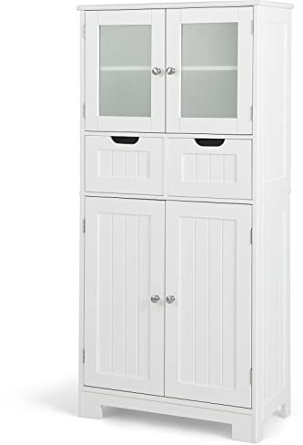 COSTWAY Armario Alto de Baño con 4 Puertas, Gabinete de Baño Independiente con 2 Puertas de Vidrio, 2 Cajones y Estantes Ajustables, Organizador Multifuncional para Cocina, Salon (Blanco, 2 Cajones)
