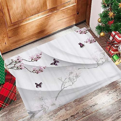 Badezimmerteppich 60x100 cm,Badematte rutschfest,Weicher Badvorleger,Sakura Pflaume Schmetterling Tier dekorativer weißer Hintergrun,Mikrofaser Absorbent Badteppich für Badewanne,Dusche und Badezimmer