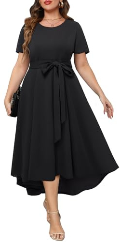 Holipick Women's Plus Size High Low Dress Wedding Guest Semi Formal Black Cocktail Short Sleeves Long Dresses with Pockets