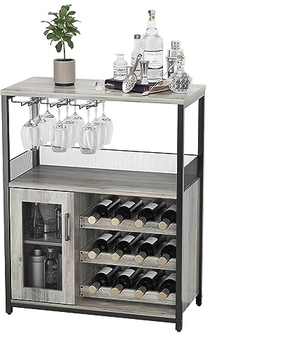 GAOMON Wine Bar Cabinet with Detachable Wine Rack, Wood Bar Cabinet with Storage Space & Glass Holder, Mesh Door, Small Modern Buffet Sideboard for Liquor and Glasses