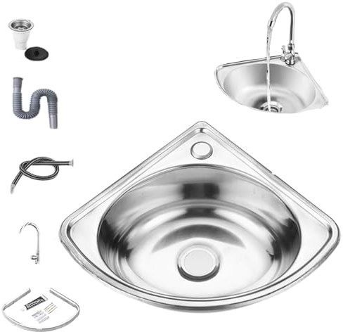 Waschbecken aus Edelstahl, Waschbecken aus Edelstahl Dreieckiger Eckwaschbecken Kleber Versiegelungswand montiertes Arbeitsplattenbecken mit Wasserhahn, Abflussrohr, Einlassrohr, Eckspüle Spüle