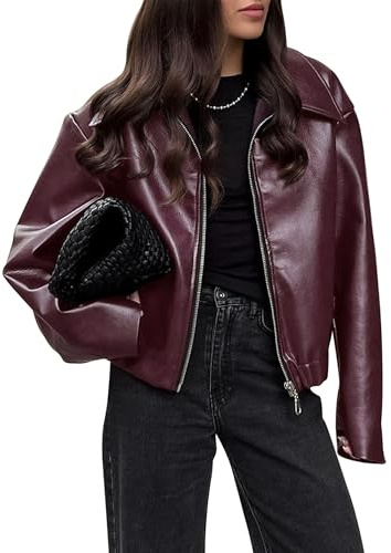 Felcia Femme Veste en Similicuir à Manches Longues Zippée Coupe Décontractée Blouson de Moto Biker Court Blouson Bomber en PU Extensible, Bordeaux., M