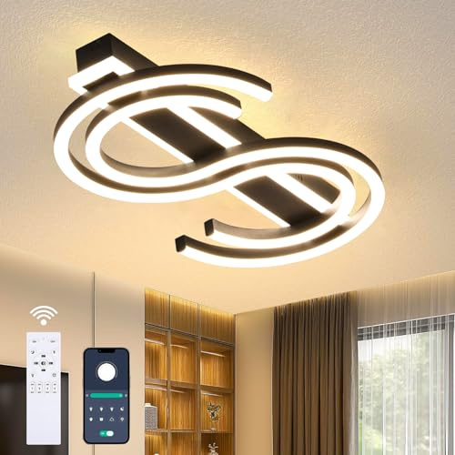 LED Taklampa Dimbar Vardagsrum Taklampa Svart Sovrum Ljus Fjärrkontroll och APP Kontroll, Modern 2 S Ring Takbelysning med Nattljus Och Minne Funktioner, L50cm/50W