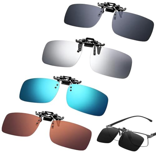 Jortmrd 4 Pcs Sonnenbrillen Clip für Brille, 180° Flip Up Sonnenbrille für Brillenträger Polarisiert Sonnenbrillen Aufsatz Brille, UV400 Anti-Glare Gläser Laser Edge Unisex sonnenbrille zum Aufstecken