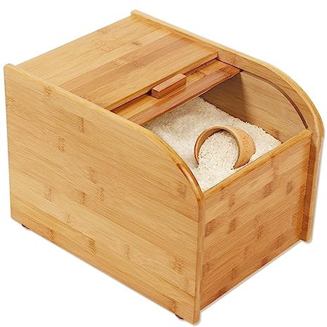 Risdispenser, trä bambu risbehållare med glidlock och mätkopp, torr förvaring cereal risbehållare med lock för torr mat hemma och kök, 5 kg/11 kg