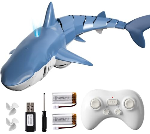 BLmukce 2.4GHz Remote Control Shark Toy for Pool, 1:18 Scale High Simulation RC Shark with Light & Spray Water, Electric Remote Controlled Swimming Toy Boat for 6 7 Year olds Kid Boys (Blue)