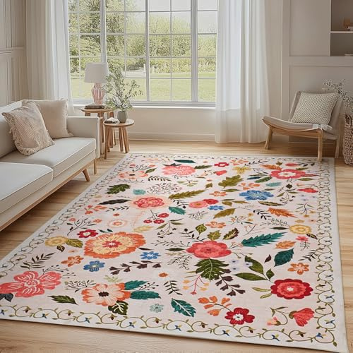 Waschbarer Wohnzimmerteppich Vintage Blumenmuster, 140x200cm, Beige Rosa