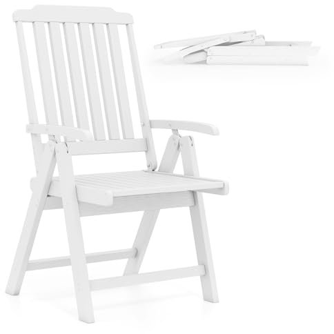COSTWAY Gartenstuhl klappbar, Hochlehner Klappstuhl aus Kunststoff, wetterfester Balkonstuhl in Holzoptik, Terrassenstuhl bis 150 kg belastbar, für Garten, Terrasse, Balkon (Weiß)