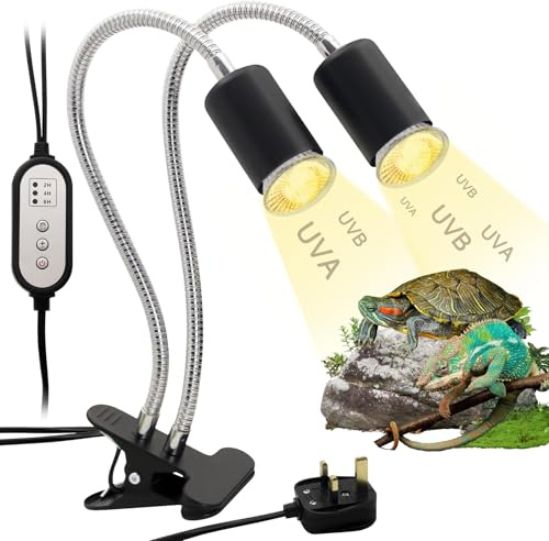 hisunfarm Tortoise Heat Lamp, Dual-Head Reptile Heat Lamp with Clamp, 360°Rotatable UVA UVB Heating Lamp with Cycle Timer for Turtle Bearded Dragon Snakes Lizards