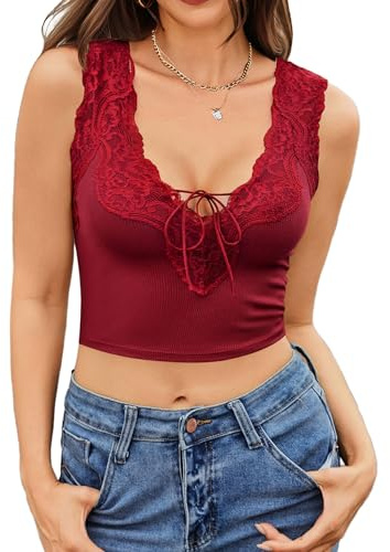 Avidlove Top Corto de Encaje Sexy para Mujer Camiseta sin Mangas Y2k Cuello en V Encaje Camisola Top Corto básico Atuendo para Festivales