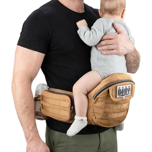 Dinictis Baby Hip Carrier for Dad, Ergonomic Military Style Waist Carrier with Hip Seat for Newborn to Toddler (Up to 45 lbs), Adjustable Wide Waistband, Molle Webbing & Multiple Pockets, Coyote Brown