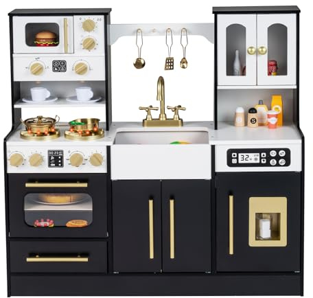 COSTWAY Kids Wooden Kitchen, Pretend Play Kitchen with Realistic Lights & Sounds, Stoves, Sink, Faucet, Oven, Ice Machine, Microwave, Coffee Maker, Children Chef Role Playset for Boys Girls 3+ (Black)