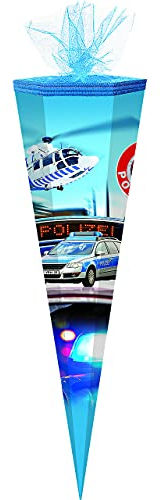 alles-meine.de GmbH Schultüte - Polizei Auto/Hubschrauber - 85 cm - 6-eckig - Tüllabschluß - Zuckertüte - mit/ohne Kunststoff Spitze - für Jungen/Polizist - Polizeifahr..