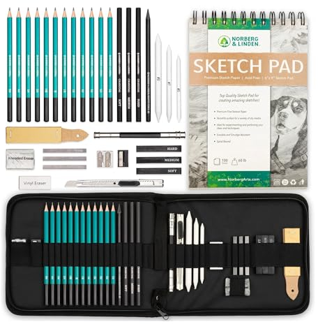 Set de Dibujo XL - Lápices de Grafito y Carbón para Bocetos. Incluye un Cuaderno de Dibujo con 100 Páginas, Goma de Masa y Tocón de Mezcla de Papel. Kit de Material de Arte para Niños a Adultos