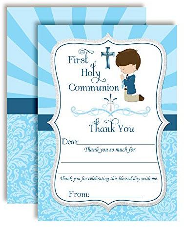 First Holy Communion Religious Thank You Notes for Boys (Light Skin, Brown Hair), Ten 4 x 5.5 Fill In The Blank Cards with 10 White Envelopes by AmandaCreation
