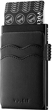 VULKIT Porta carte di credito minimalista Slim Pop Up Portafoglio con slot in pelle RFID blocco per uomini e donne contiene 7 carte e note, Fibra di carbonio nera., Taglia unica