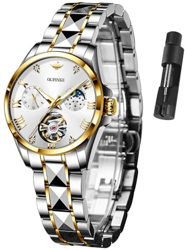 OUPINKE Montre automatique de luxe pour femme - Or rose - Phase de la lune - Acier tungstène - Cristal - Squelette - Étanche - Lumineuse - Pour femme, Blanc 1, montre automatique femme