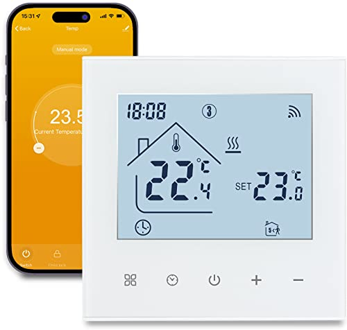 Beok Thermostat Connecté WiFi pour Chauffage de Chaudière à Gaz Thermostats d'Ambiance Programmable Régulateur de Température Mural avec LCD Numérique Compatible Alexa 3A,Blanc